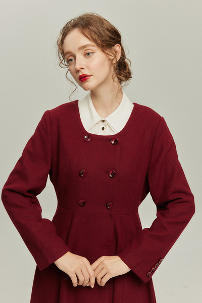 《いつもカウンターに座る彼女》ダブルブレストウールブレンドドレスコート-Wine red