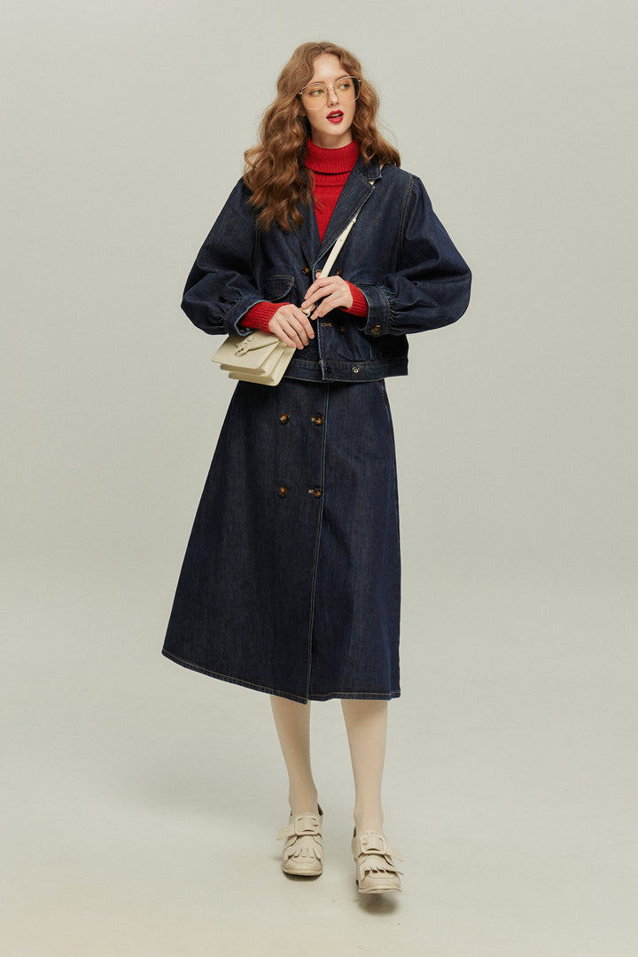 《何階に行きますか？》ダブルブレストデニムスカート-Navy
