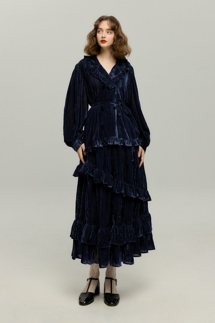 《お城を奪い返しちゃおう》フリルデザインベルベットトップス-Navy
