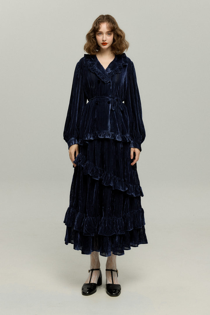 《お城を奪い返しちゃおう》フリルデザインベルベットトップス-Navy