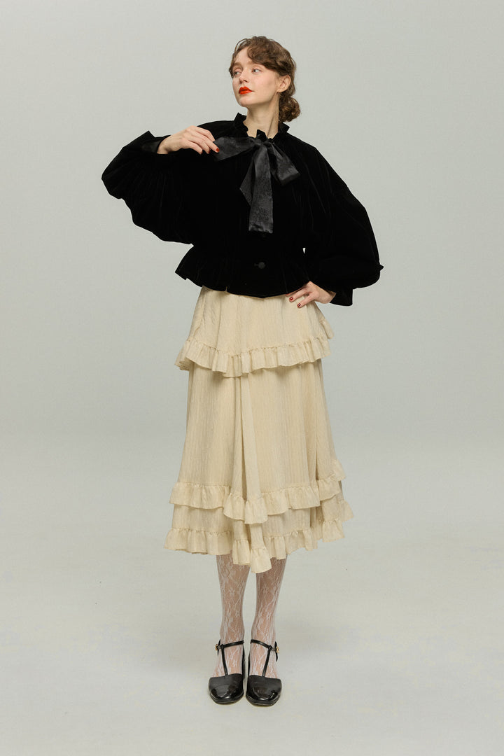 《アルファベット順に並べる》バルーンスリーブリボントップス-Black