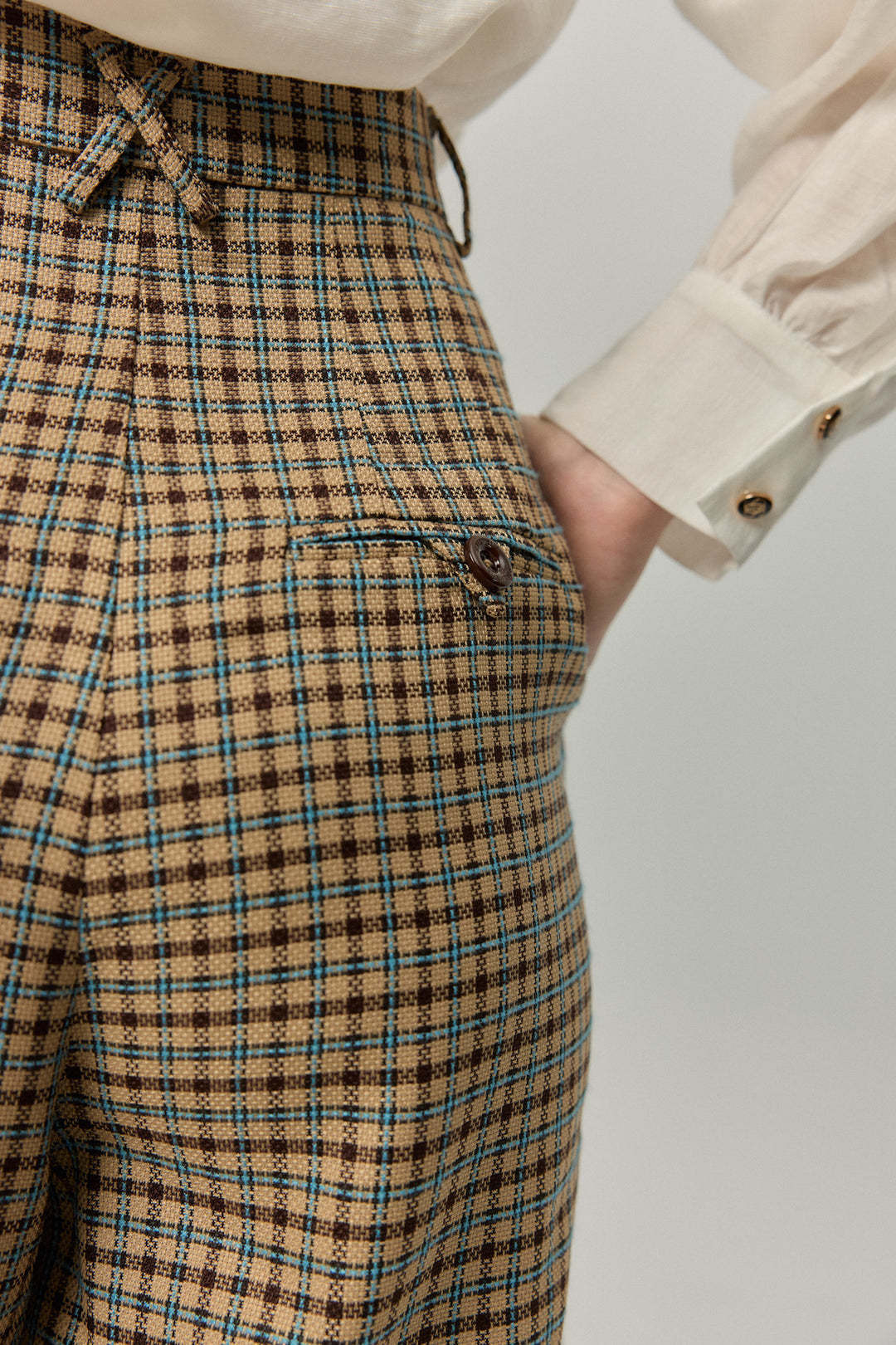 《テディベアの耳をちくちく直す》ハイウエストワイドチェックパンツ-Brown