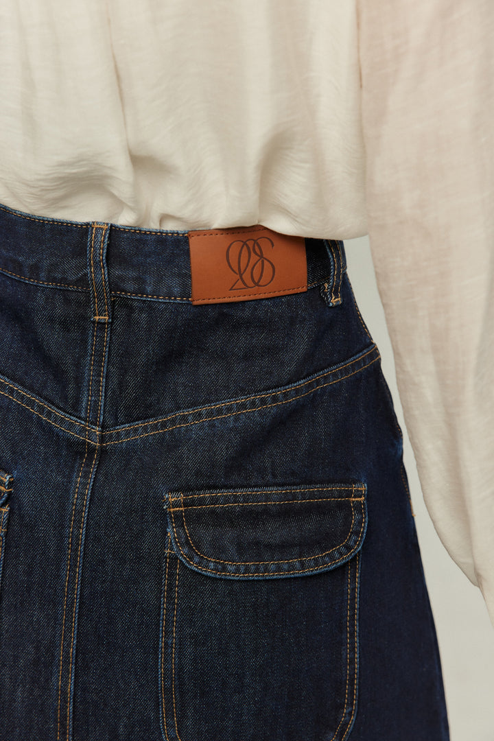 《何階に行きますか？》ダブルブレストデニムスカート-Navy