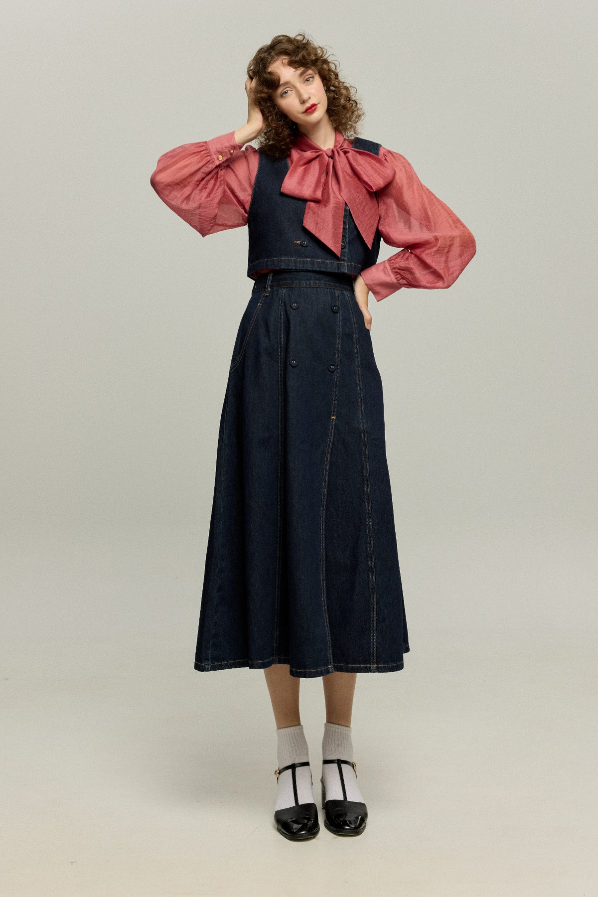 《Maybe It’s a Spaceship》Double-Button High-Waisted Denim Skirt – Navy