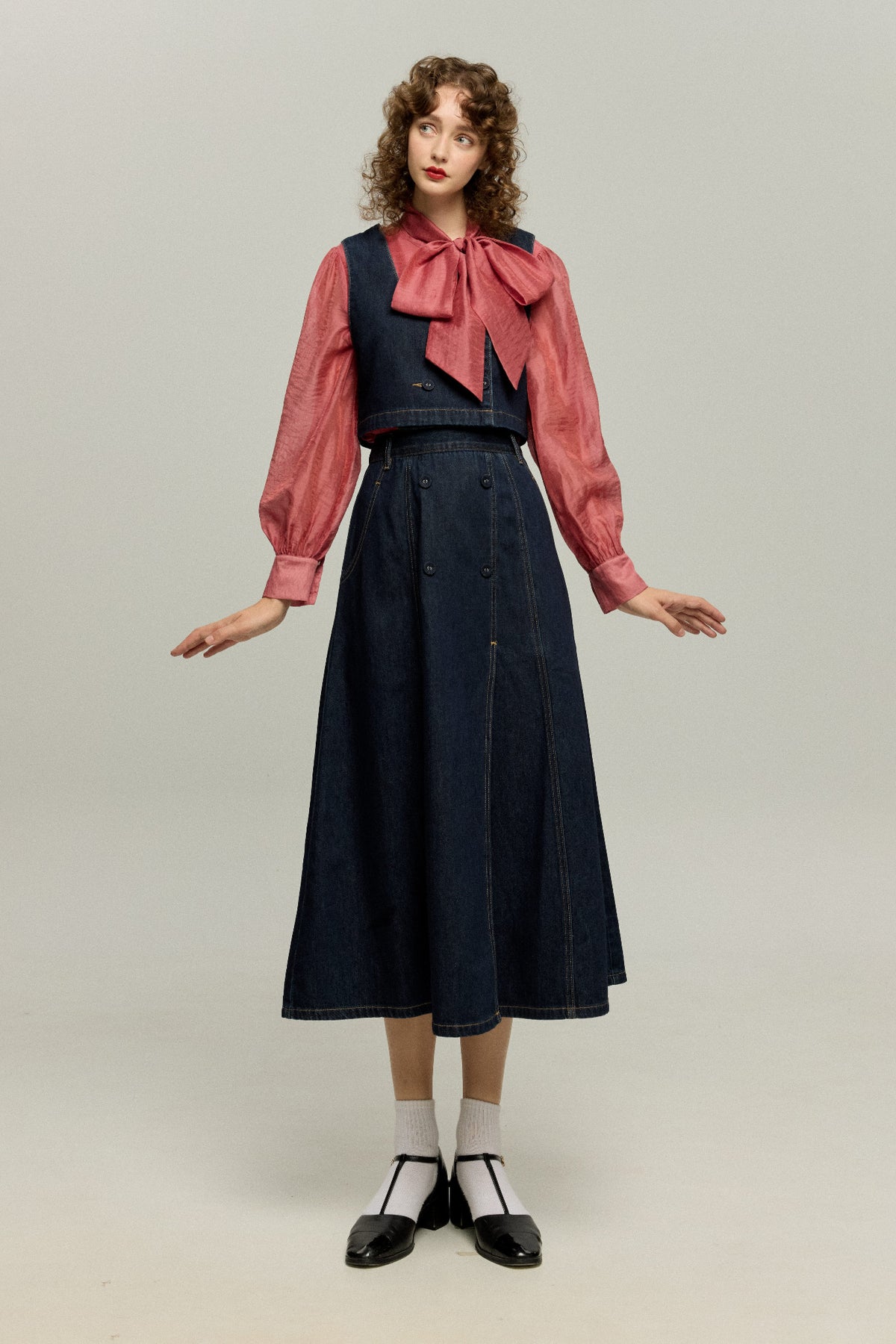 《Maybe It’s a Spaceship》Double-Button High-Waisted Denim Skirt – Navy
