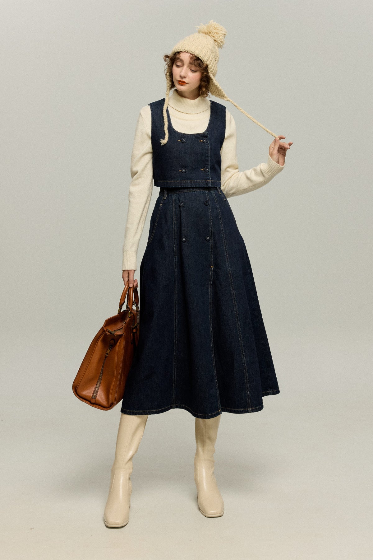 《Maybe It’s a Spaceship》Double-Button High-Waisted Denim Skirt – Navy