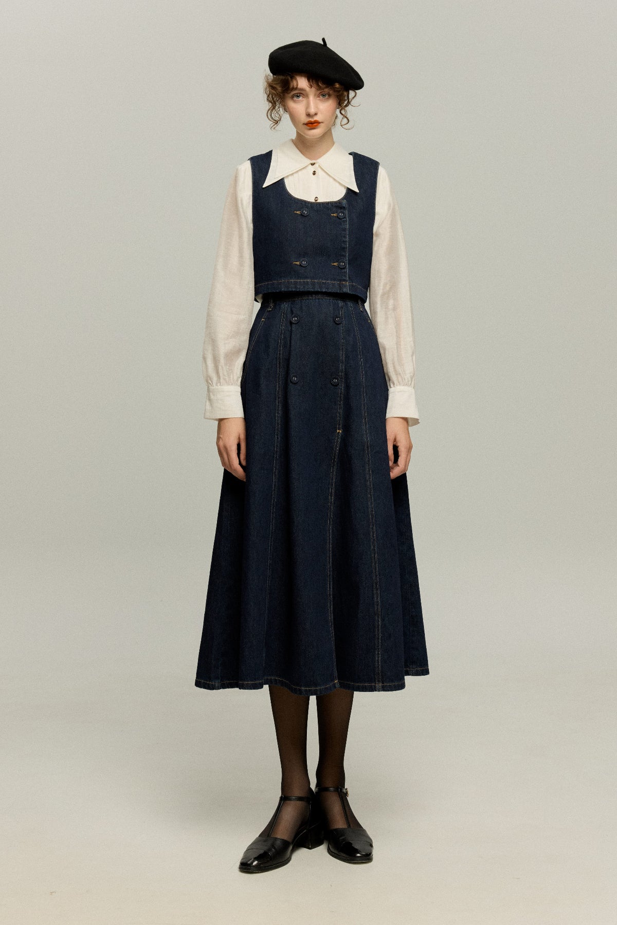 《Maybe It’s a Spaceship》Double-Button High-Waisted Denim Skirt – Navy