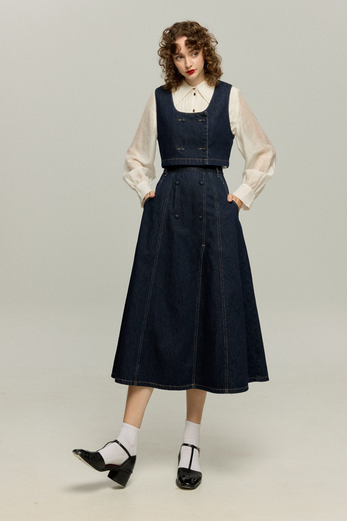 《Maybe It’s a Spaceship》Double-Button High-Waisted Denim Skirt – Navy
