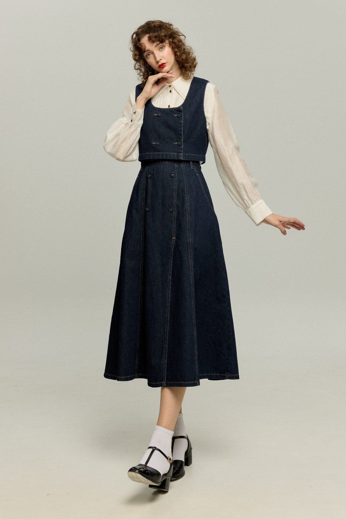 《Maybe It’s a Spaceship》Double-Button High-Waisted Denim Skirt – Navy