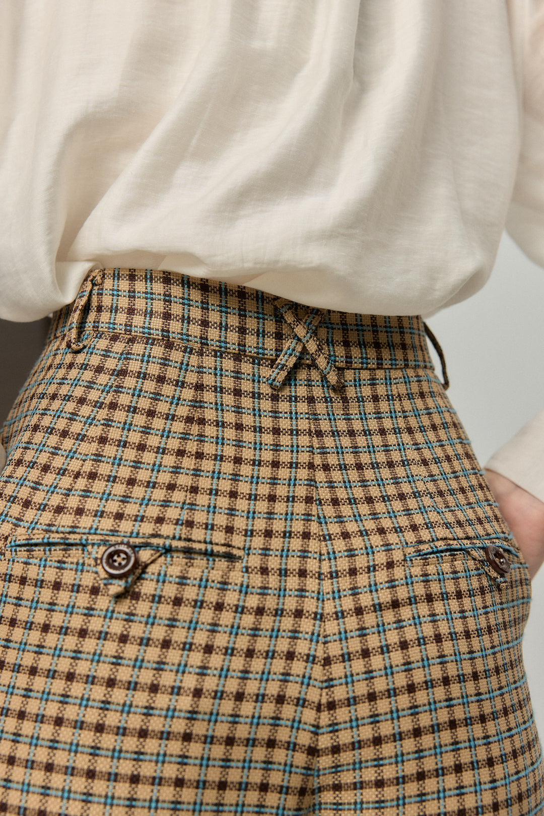 《テディベアの耳をちくちく直す》ハイウエストワイドチェックパンツ-Brown