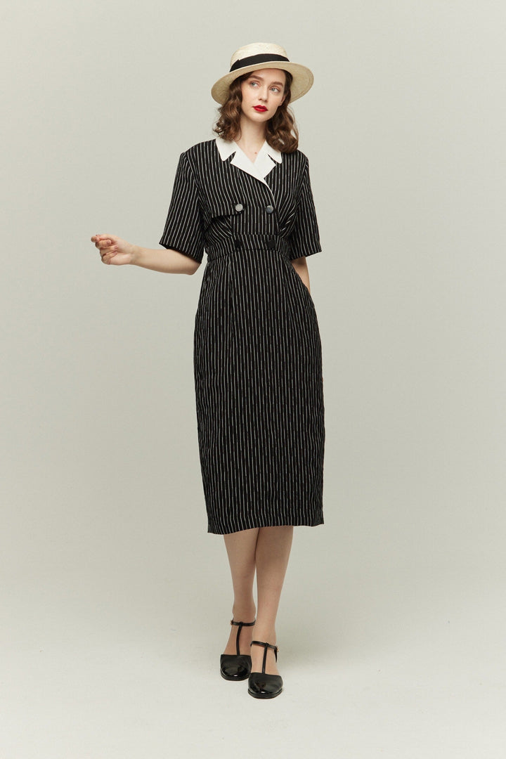 《ジェシカの陰謀》ダブルブレストストライプパターンドレス-White Stripe