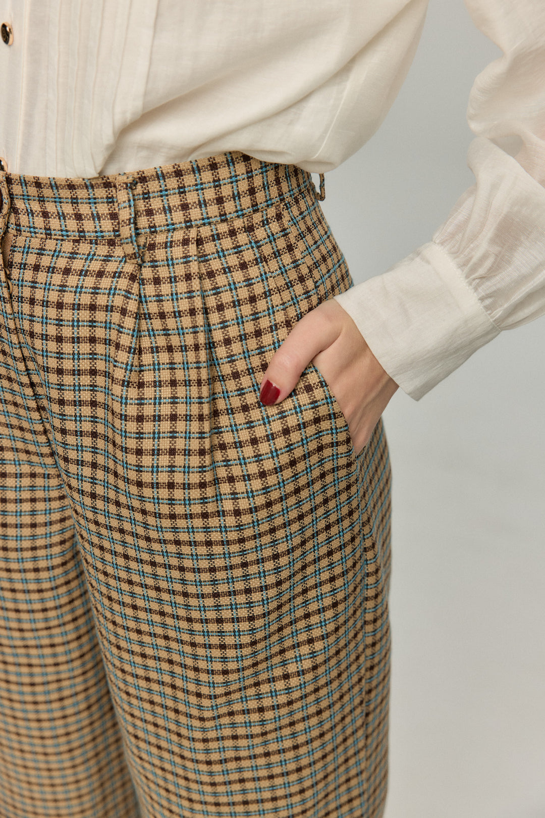 《テディベアの耳をちくちく直す》ハイウエストワイドチェックパンツ-Brown
