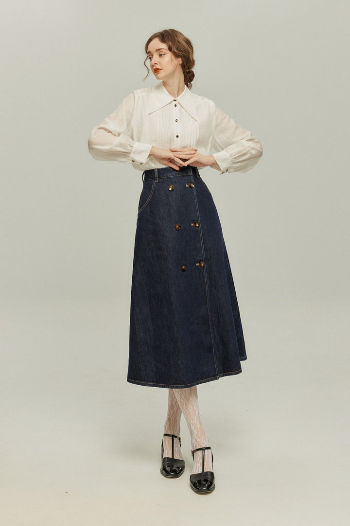 《何階に行きますか？》ダブルブレストデニムスカート-Navy