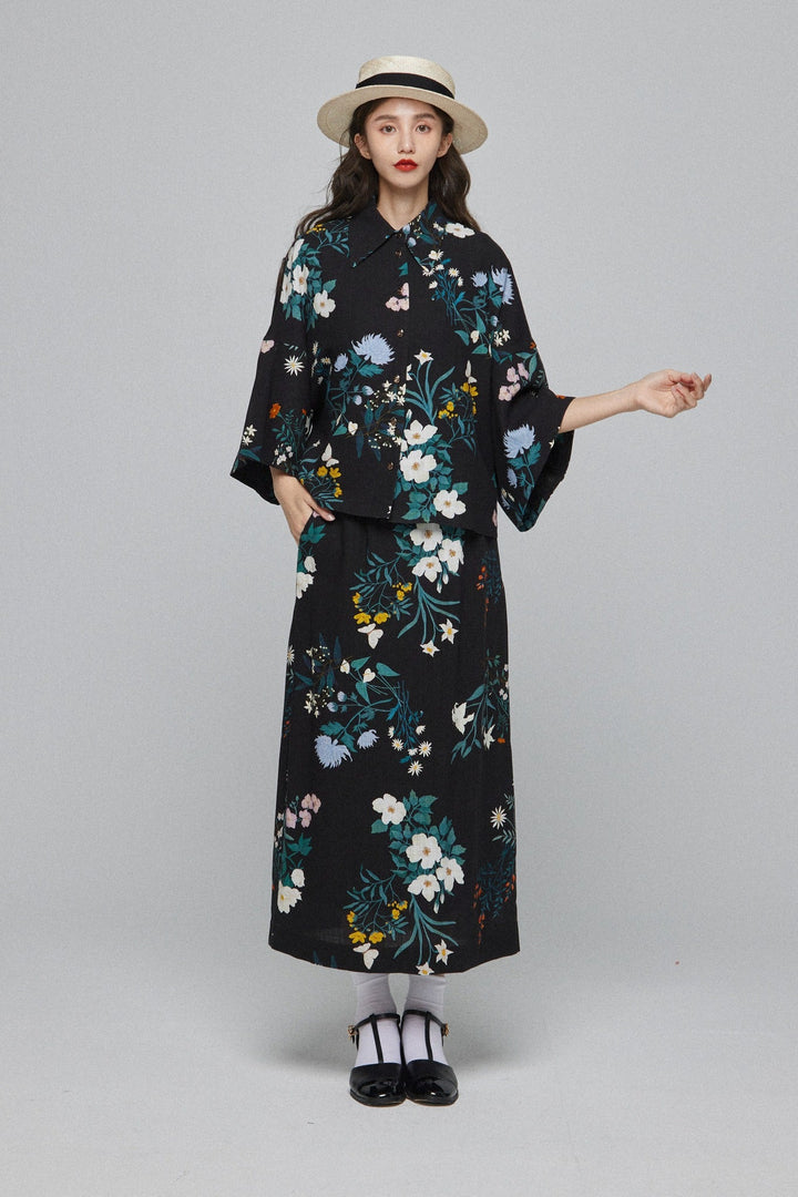 《金魚すくい一回100円》ハイウエストペンシルスカート-Black