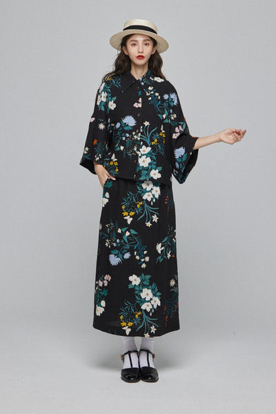 《金魚すくい一回100円》ハイウエストペンシルスカート-Black