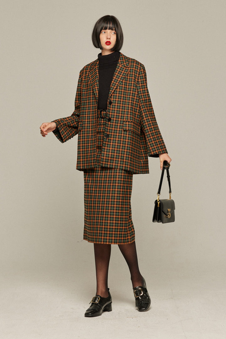 tnewties マンハッタンへの列車　ジャケット　スカート　L ツインルームでお願いします》ベルト付きチェックパターンスカート