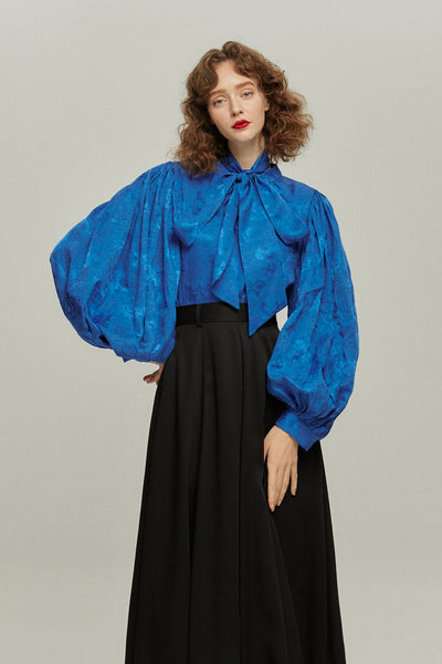 《ソファーにワックスする日》バルーンスリーブリボンタイトップス-Blue