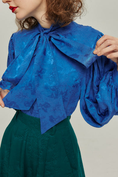 《ソファーにワックスする日》バルーンスリーブリボンタイトップス-Blue