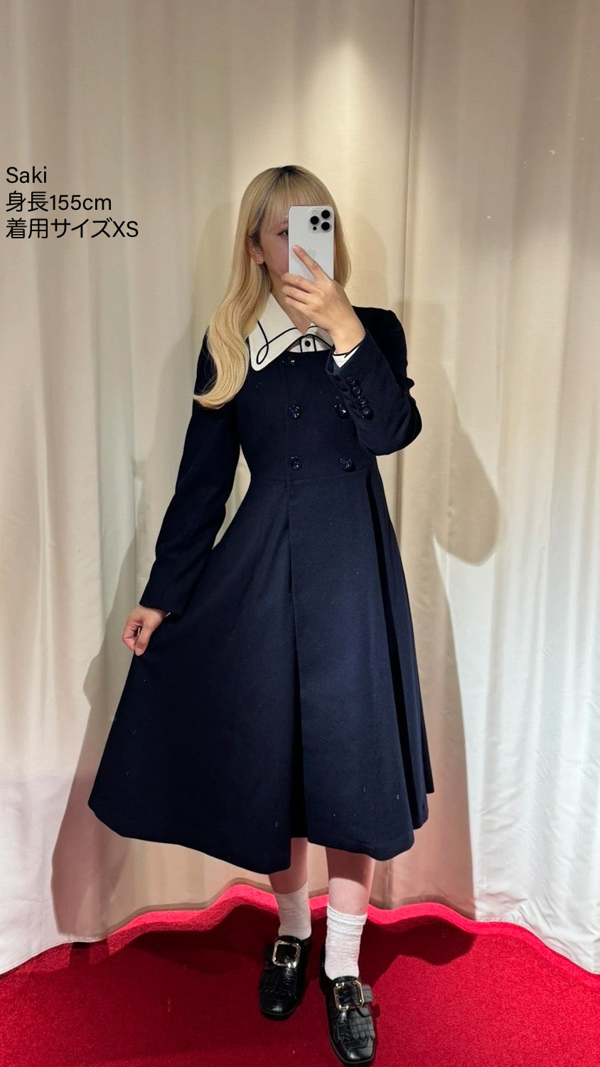 《いつもカウンターに座る彼女》ダブルブレストウールブレンドドレスコート-Navy