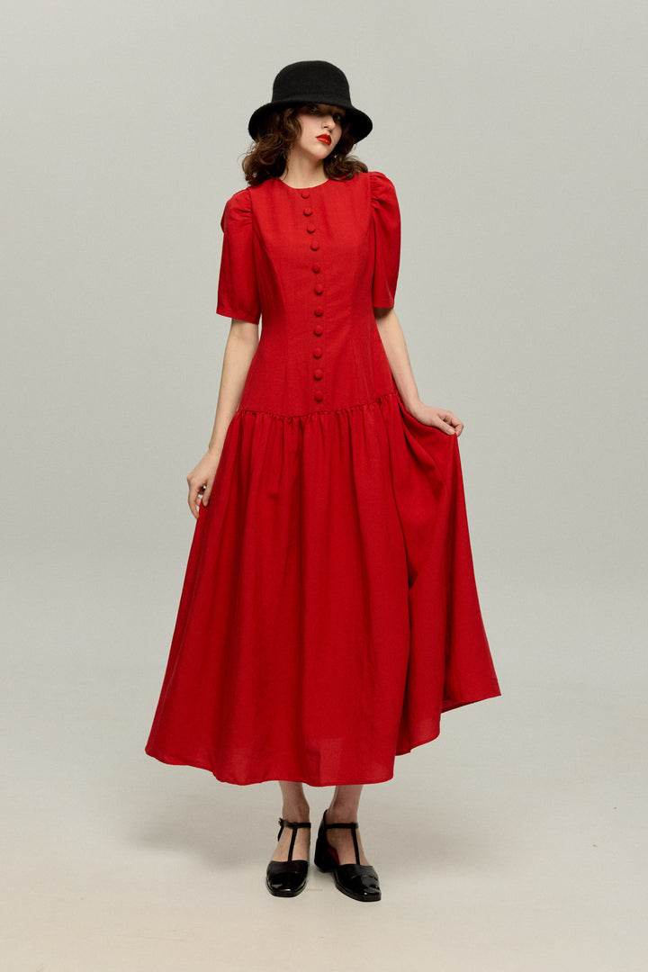 《お耳が長い動物って？》ハイウエストデザインドレス-Red
