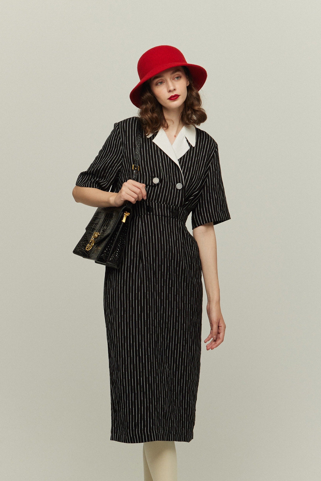 《ジェシカの陰謀》ダブルブレストストライプパターンドレス-White Stripe