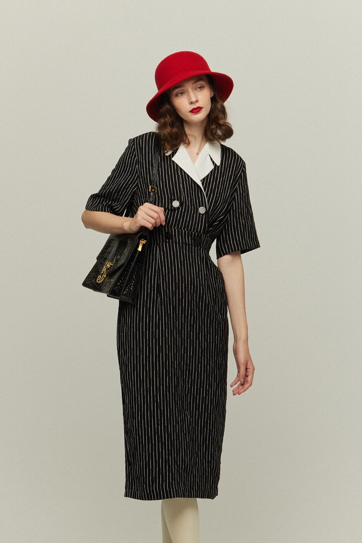 《ジェシカの陰謀》ダブルブレストストライプパターンドレス-White Stripe