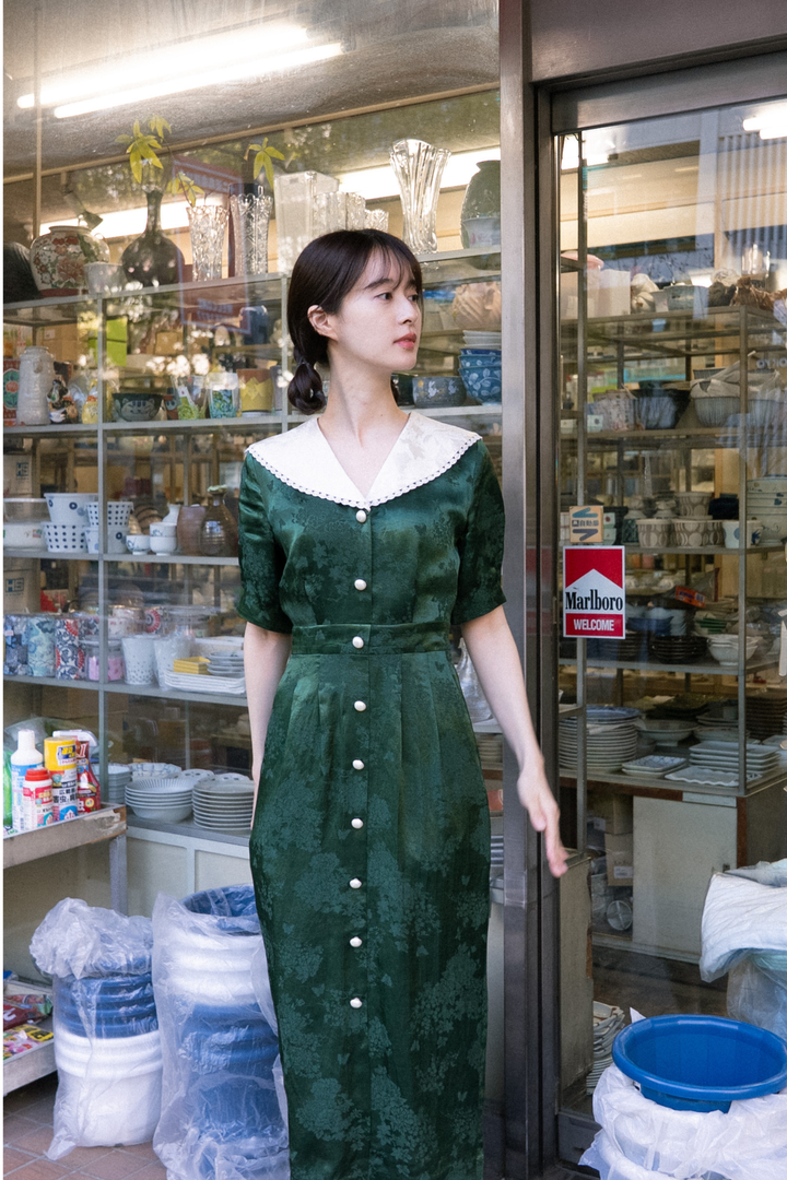 《一籠の包子は何個？》レーストリムジャガードワンピース-Green