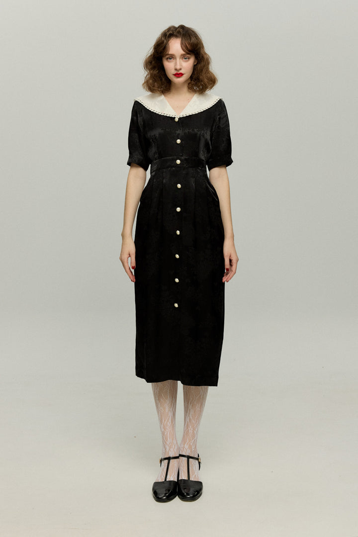 《一籠の包子は何個？》レーストリムジャガードワンピース-Black