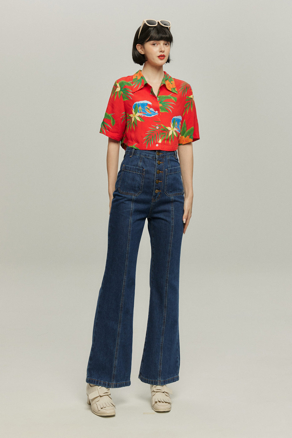 《Annie singing while taking a bath》 Front button high waist denim pants - Navy