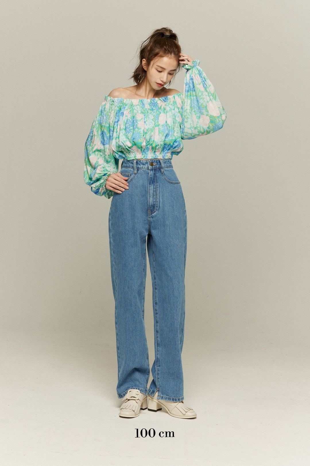 隕石が落ちてくる》ハイウエストストレートデニムパンツ-Blue