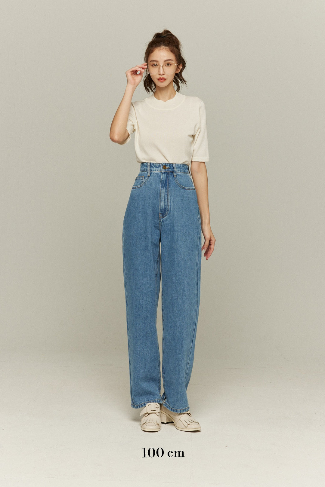 《隕石が落ちてくる》ハイウエストストレートデニムパンツ-Blue