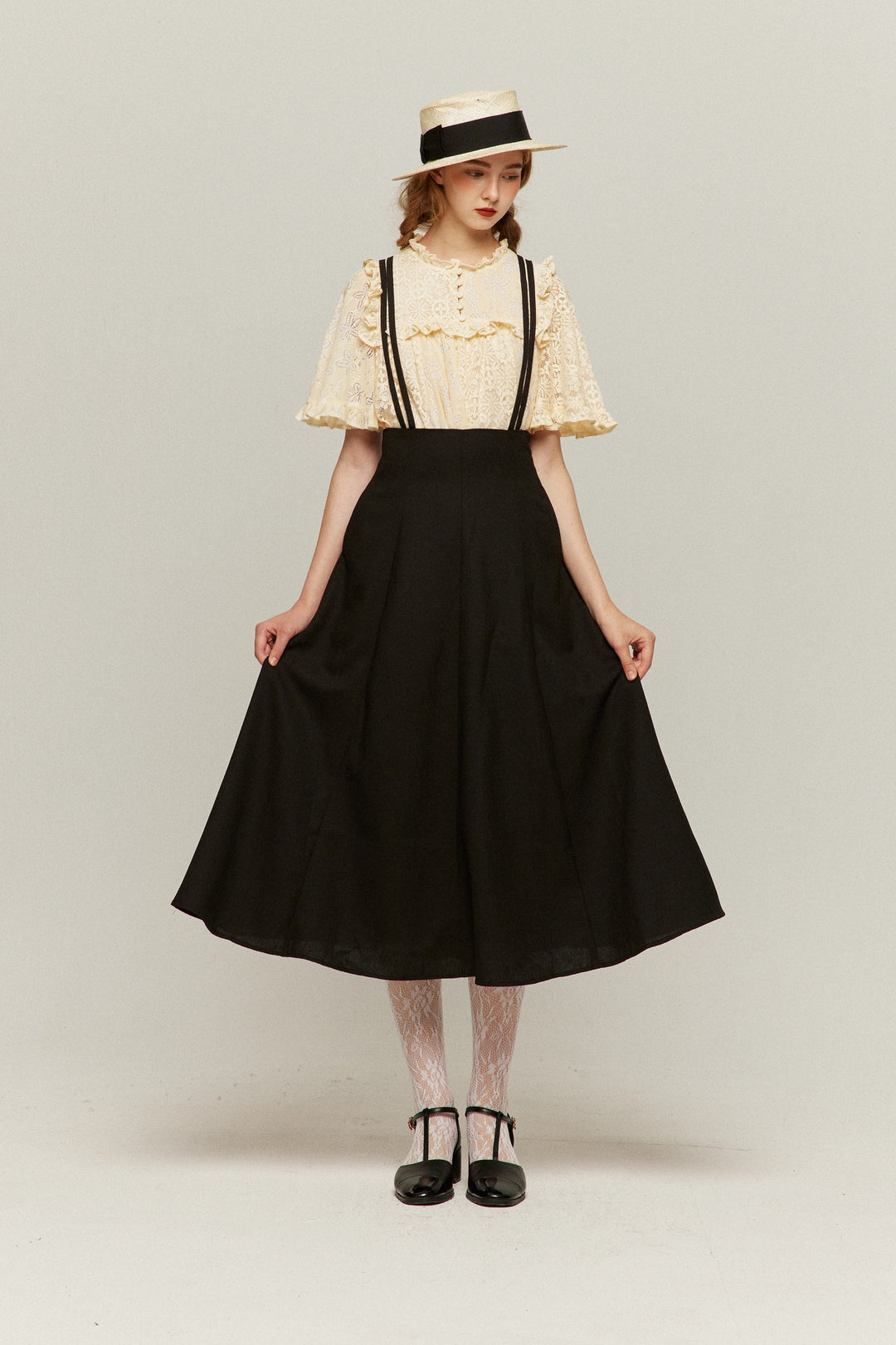《人魚が尻尾を見せちゃった》ダブルシンショルダーストラップサスペンダースカート-Black