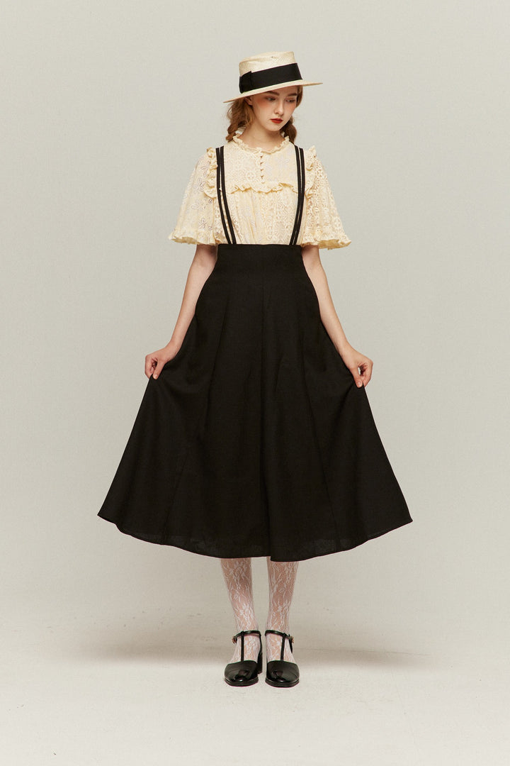 《人魚が尻尾を見せちゃった》ダブルシンショルダーストラップサスペンダースカート-Black