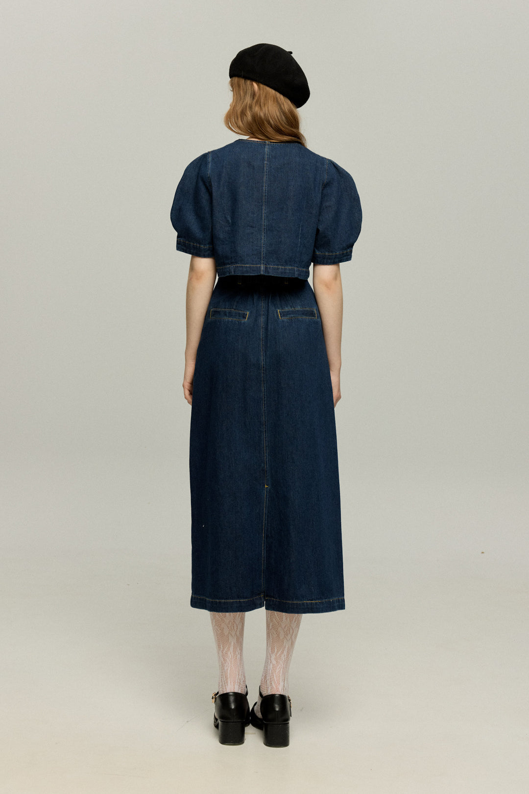 《犬九匹まとめてお散歩中》ダブルブレストハイウエストデニムスカート-Navy