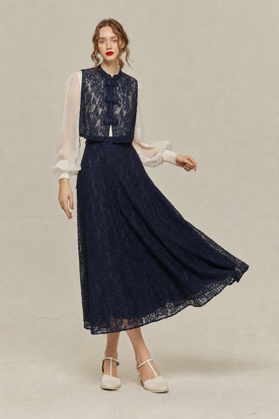 《100年も前からある》ハイウエストフレアレーススカート-Navy