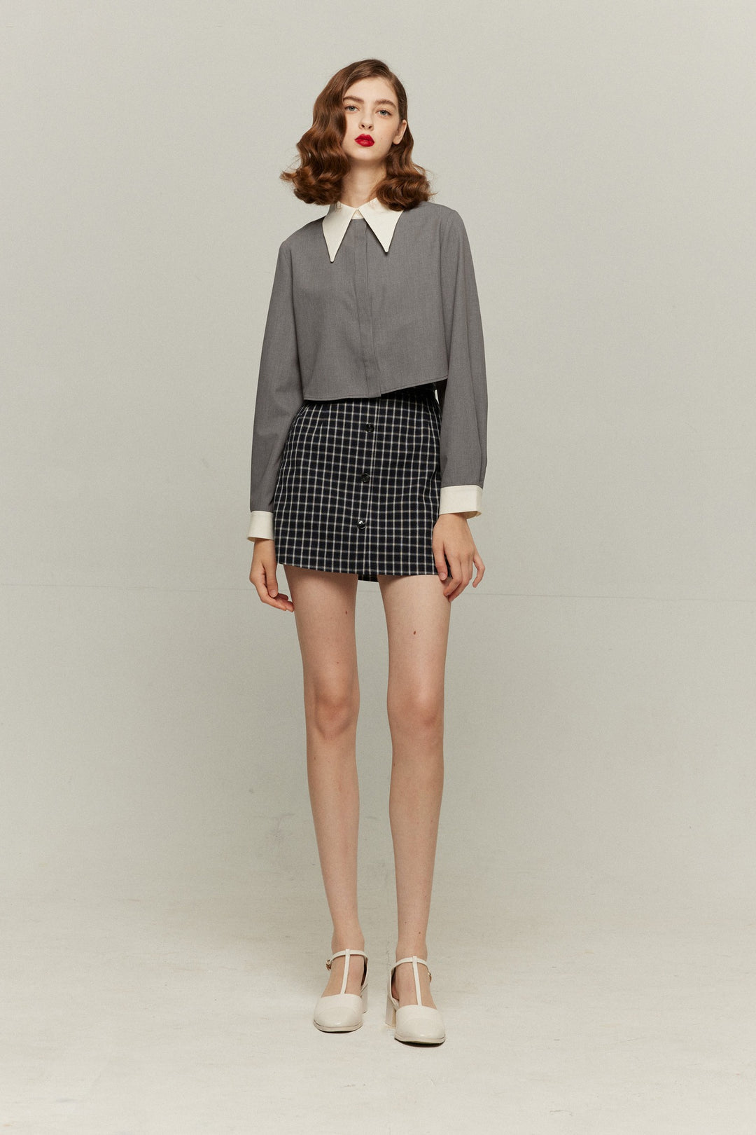 《Which button would you like to press? 》Bicolor crop tops-Gray