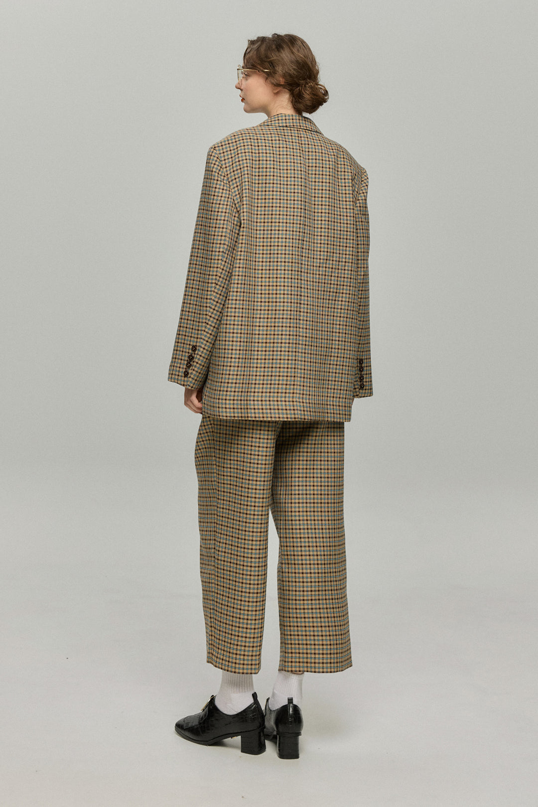 《テディベアの耳をちくちく直す》ハイウエストワイドチェックパンツ-Brown