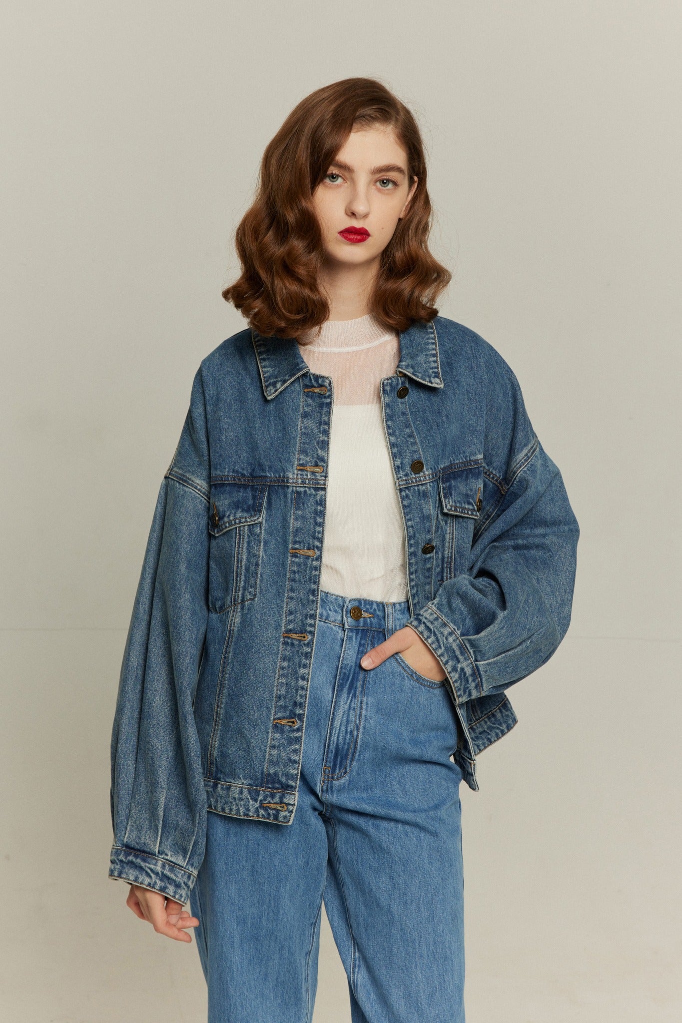 隕石が落ちてくる》ハイウエストストレートデニムパンツ-Blue – Tnewties