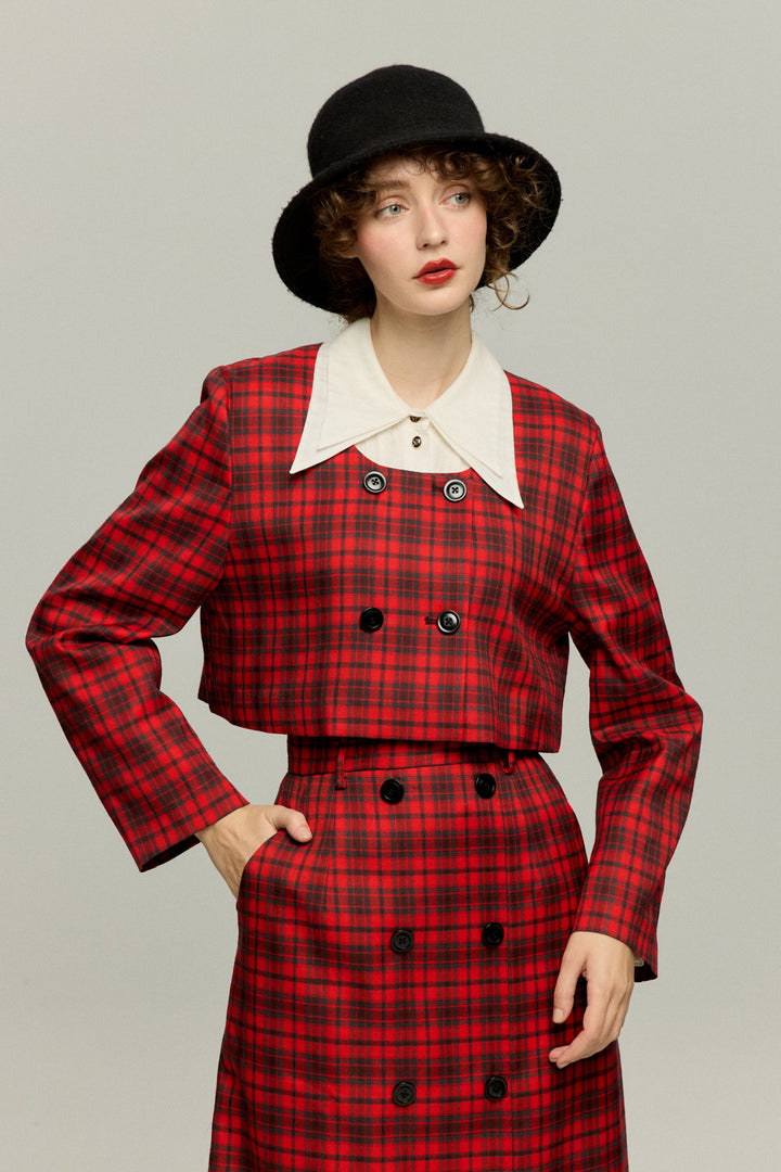 《どんな形のパスタ？》ダブルブレストチェックトップス-Red