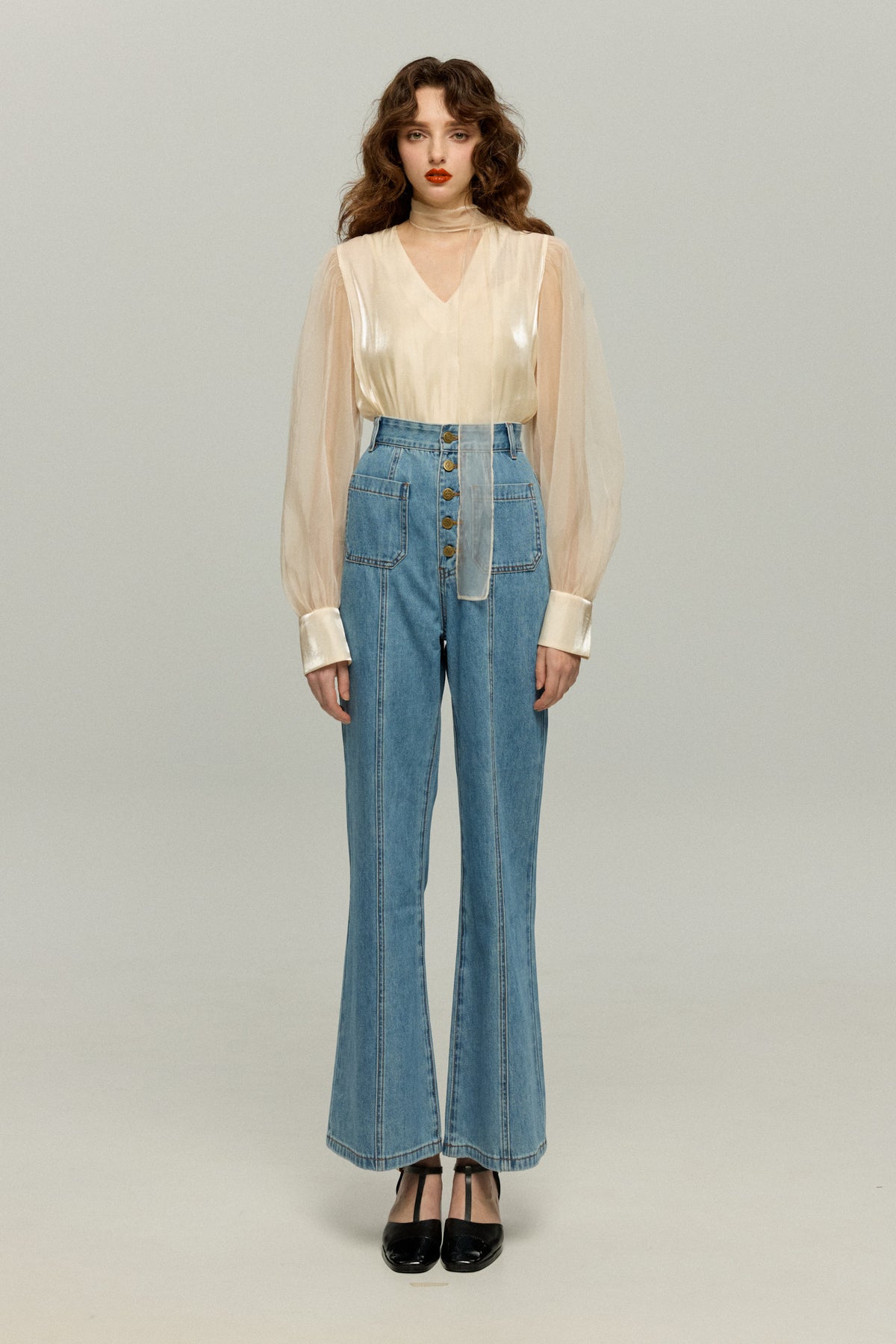 《Annie singing while taking a bath》 High waist front button denim pants-Blue