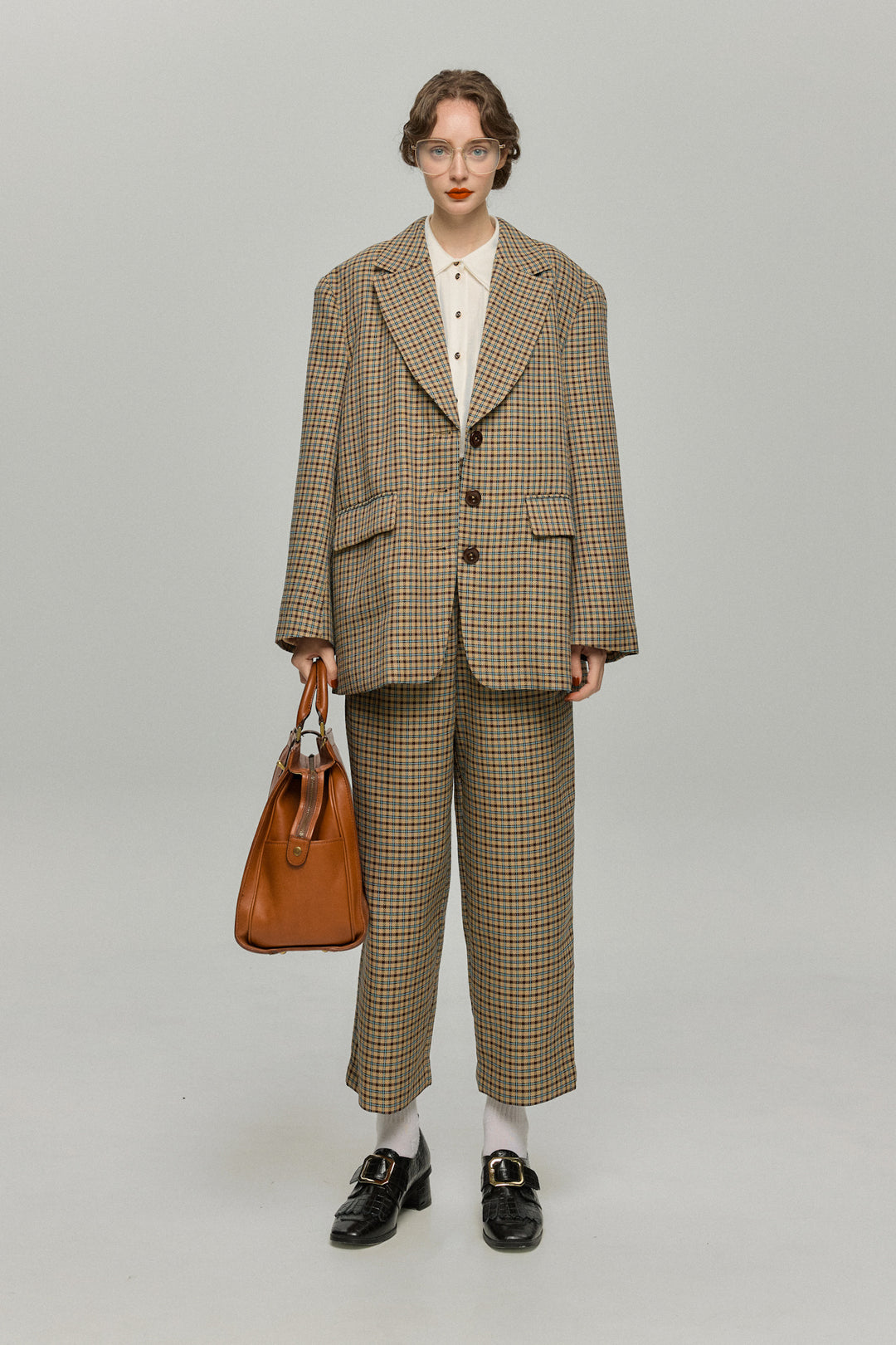《テディベアの耳をちくちく直す》ハイウエストワイドチェックパンツ-Brown