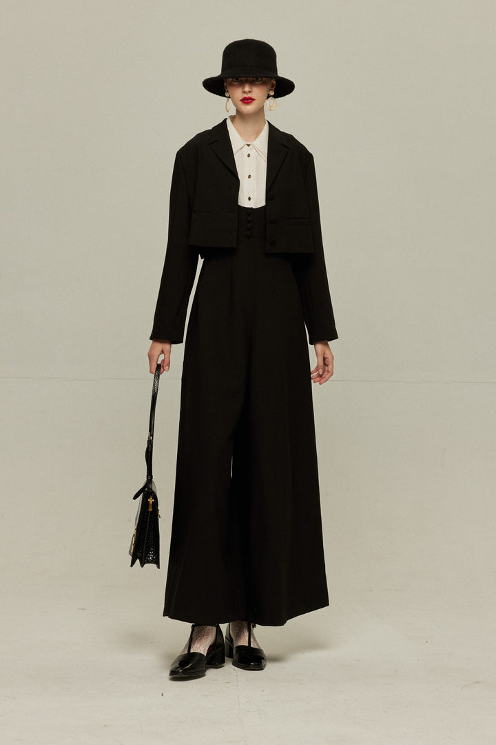 《枕の下に隠したラッキーチャーム》ハイウエストデザインバッククロスサロペット-Black