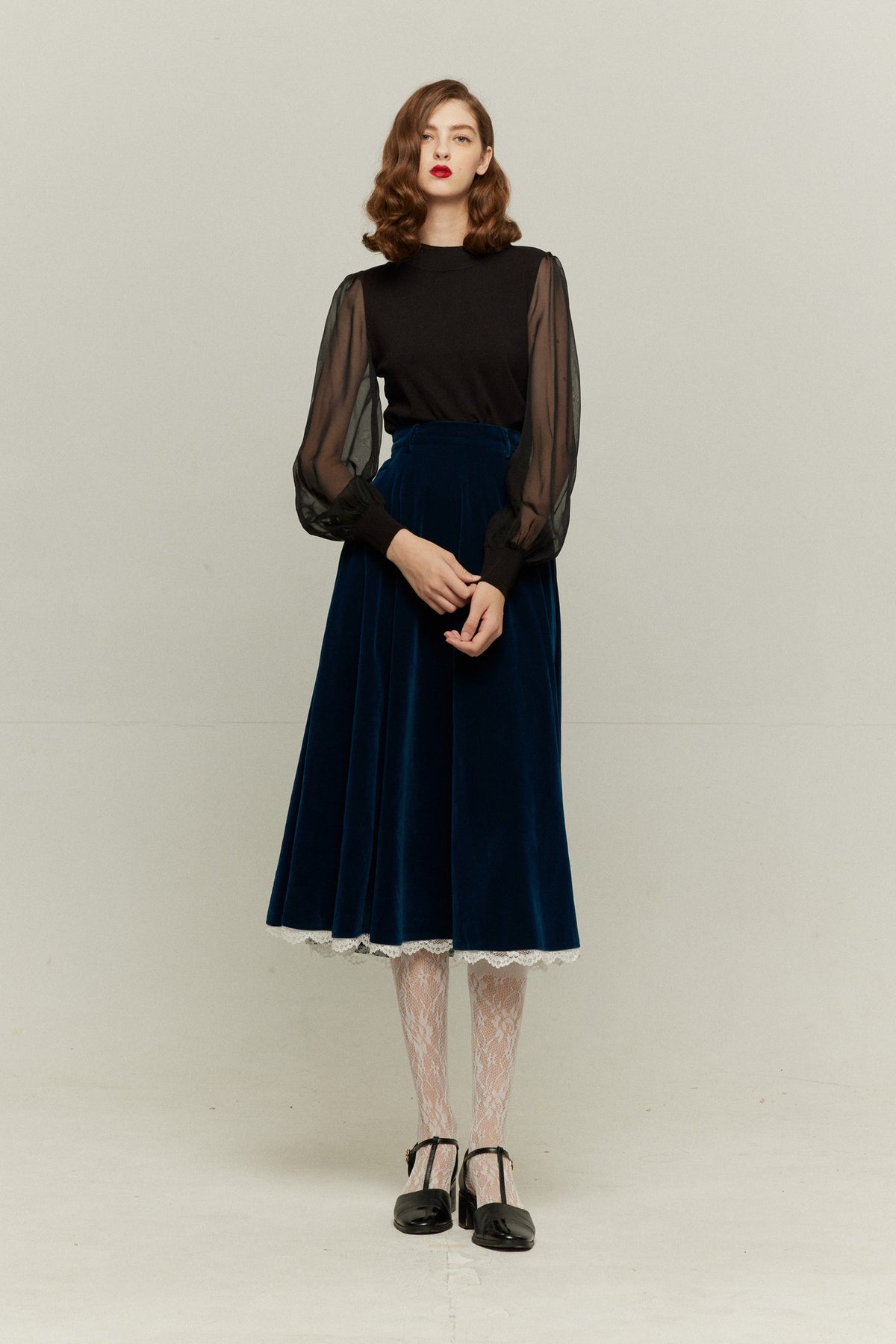 《British accent pronunciation》 Lace trim high waist skirt-Blue