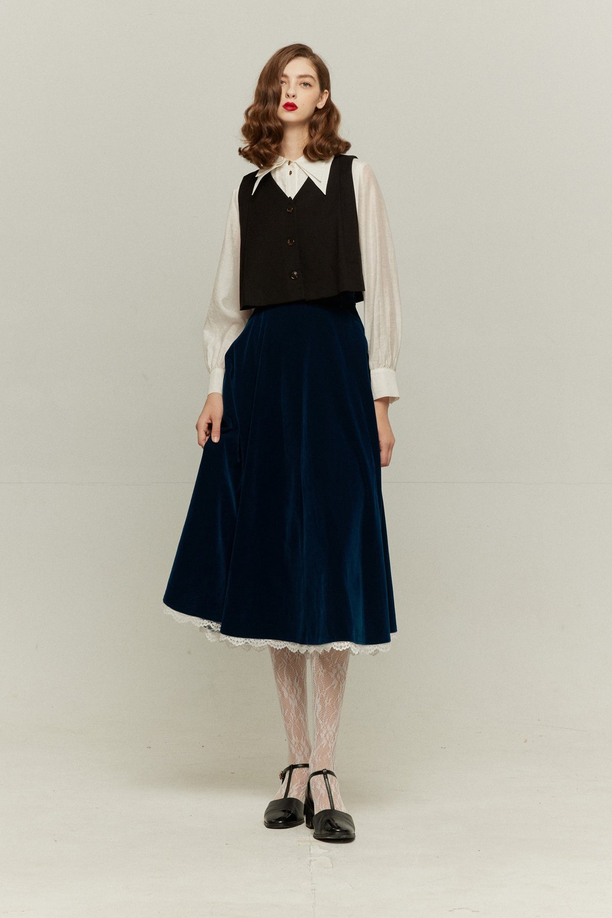 《British accent pronunciation》 Lace trim high waist skirt-Blue
