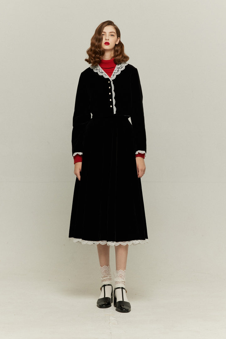 [British accent pronunciation] Lace trim high waist skirt - Black