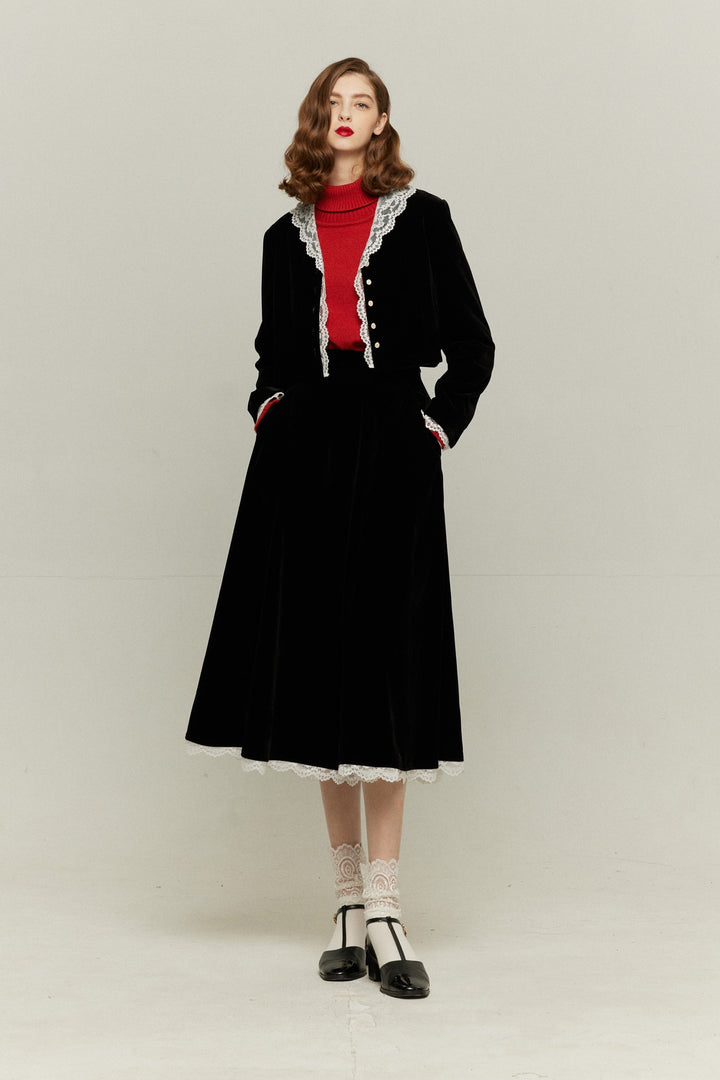 [British accent pronunciation] Lace trim high waist skirt - Black