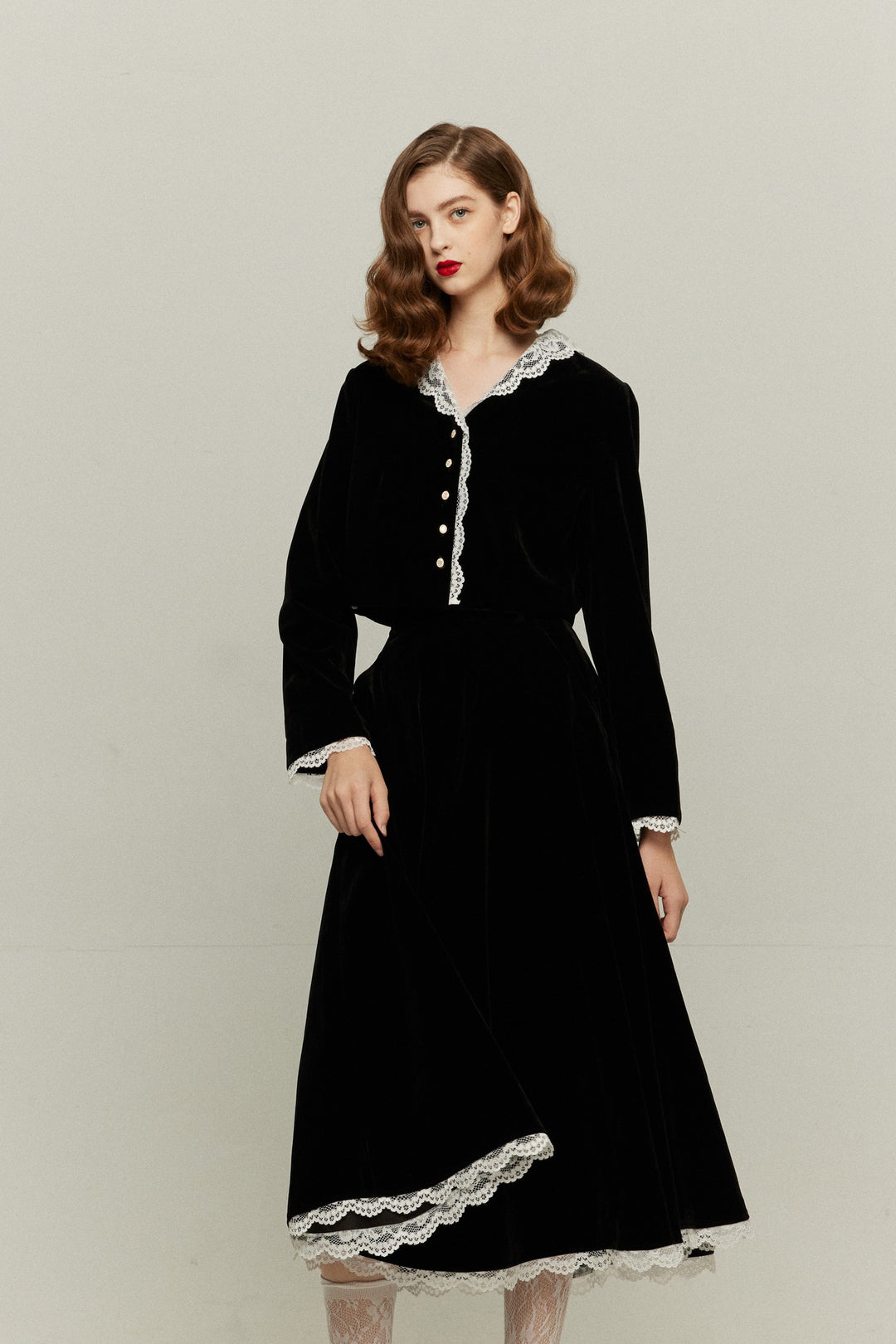 [British accent pronunciation] Lace trim high waist skirt - Black