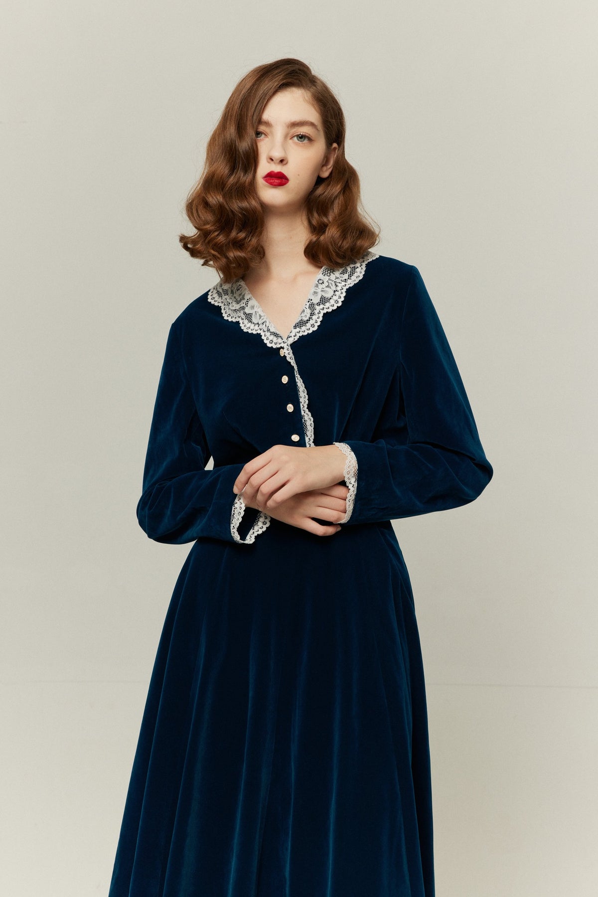《British accent pronunciation》 Lace trim high waist skirt-Blue