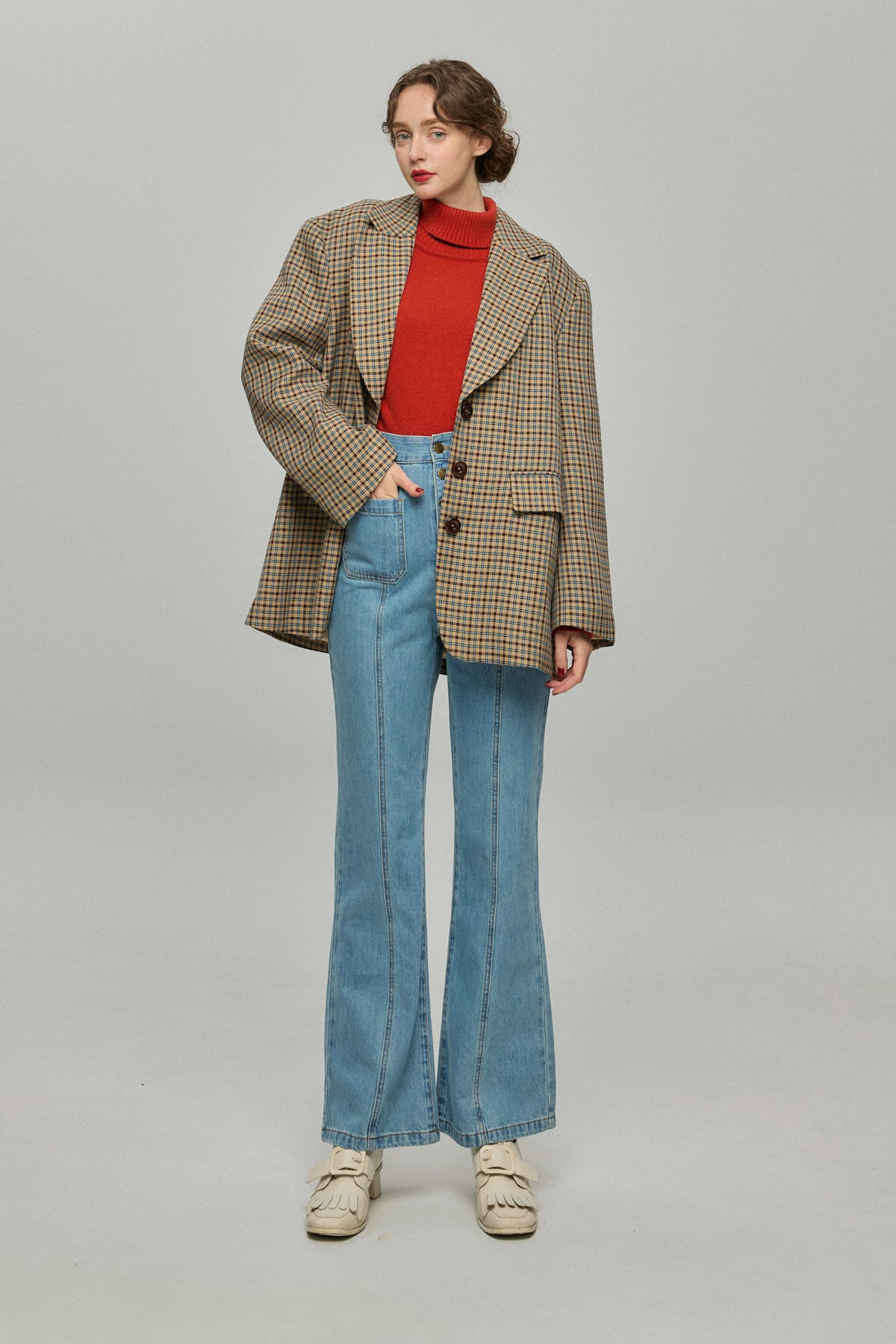 《Annie singing while taking a bath》 High waist front button denim pants-Blue