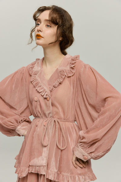 《お城を奪い返しちゃおう》フリルデザインベルベットトップス-Pink